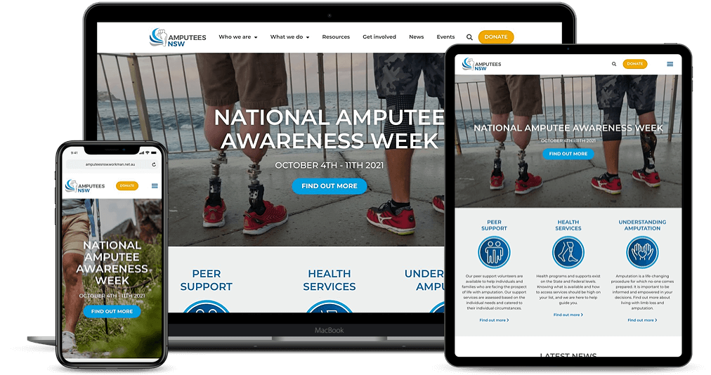 Amputees NSW website mockup on multi-devices