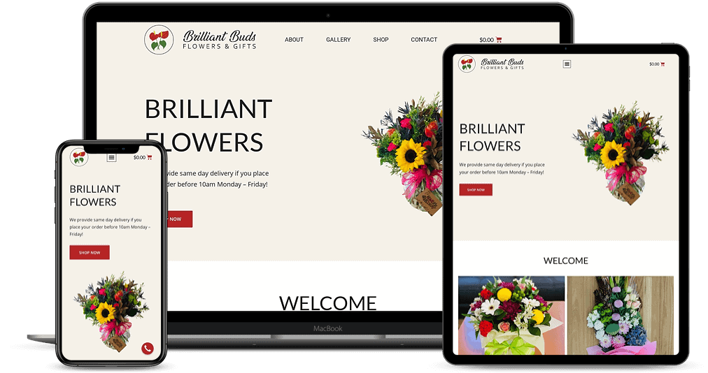 Brilliant Buds Flowers and Gifts website mockup on multi-devices