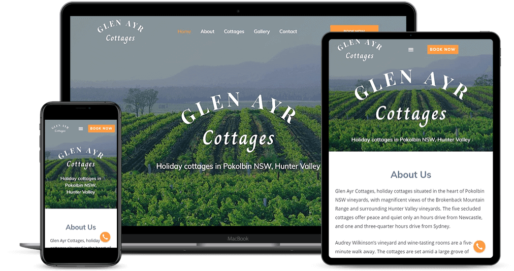 Glen Ayr Cottages website mockup on multi-devices