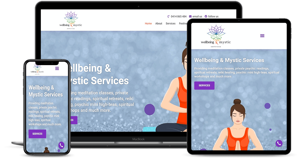 Wellbeing and Mystic Services website mockup on multi-devices